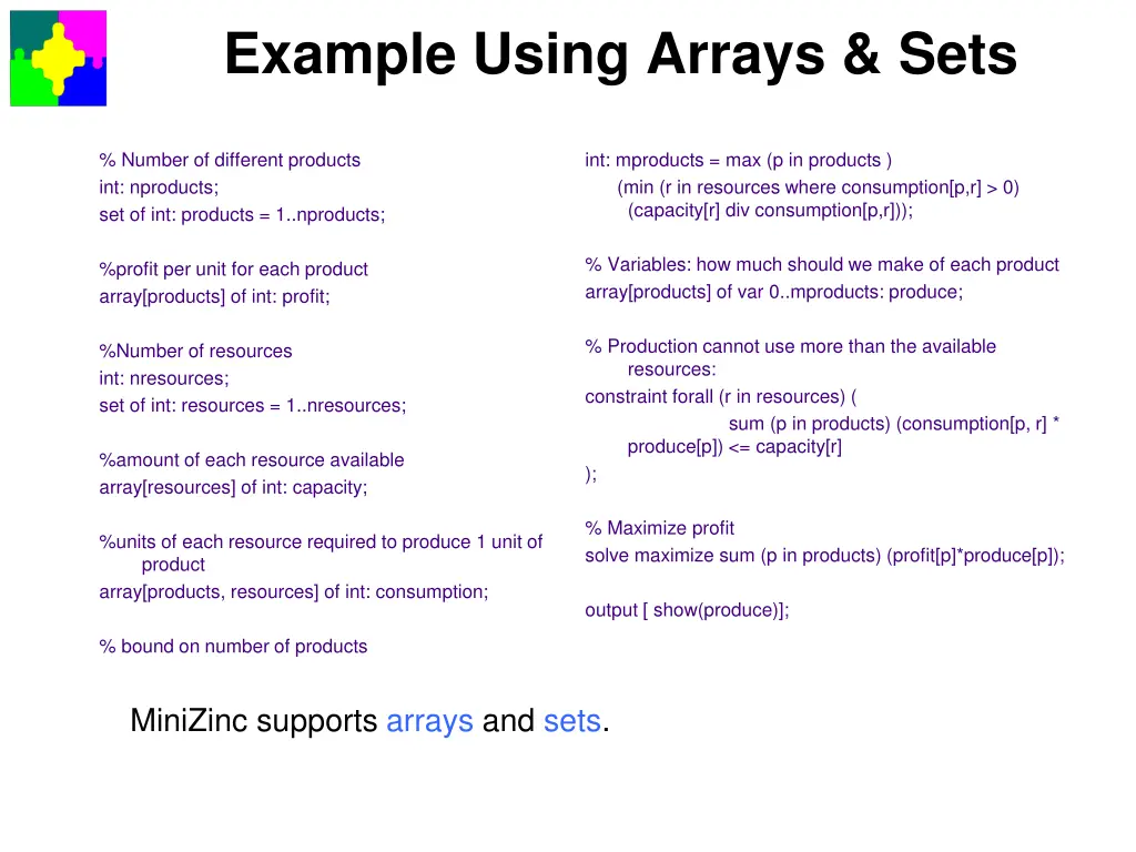 example using arrays sets