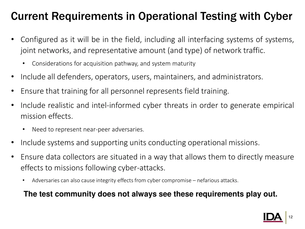 current requirements in operational testing with