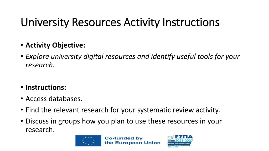 university resources activity instructions