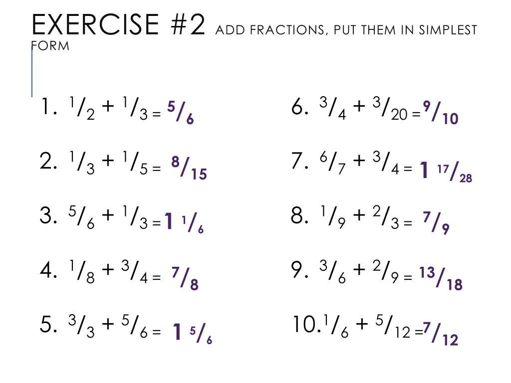exercise 2 add fractions put them in simplest form