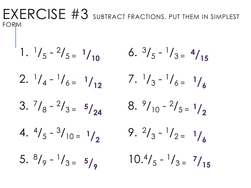 exercise 3 subtract fractions put them