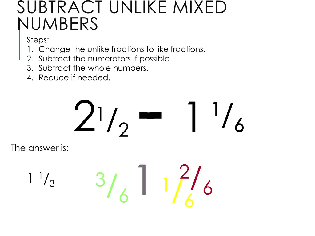 subtract unlike mixed numbers steps 1 change