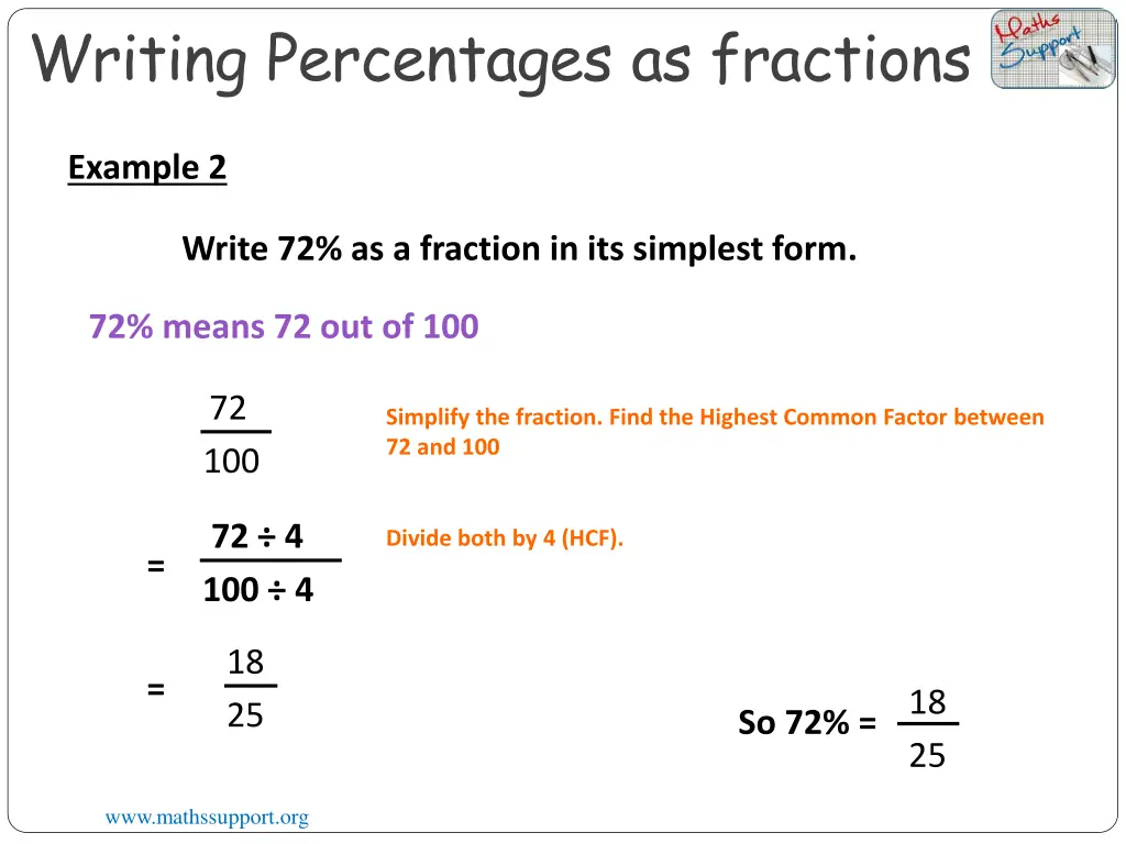 writing percentages as fractions 1