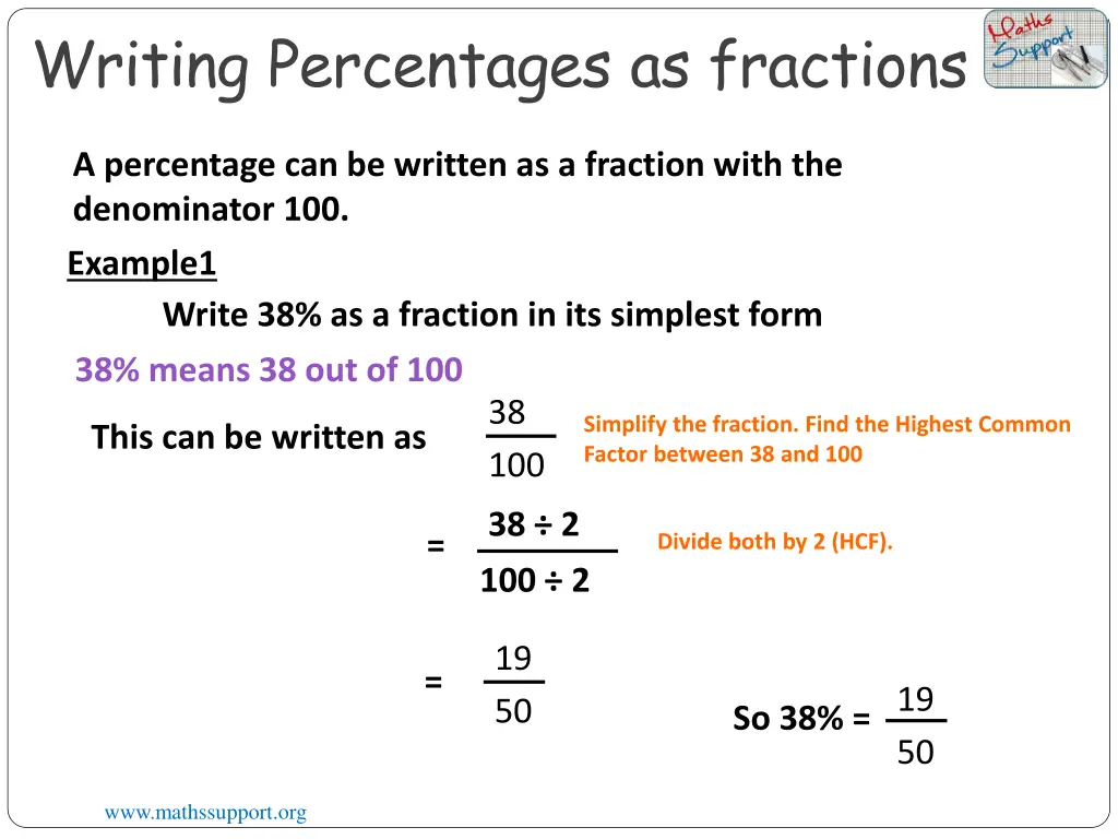 writing percentages as fractions