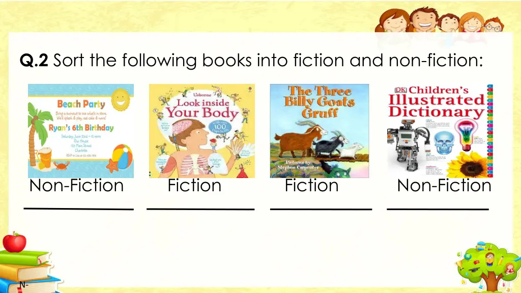 q 2 sort the following books into fiction