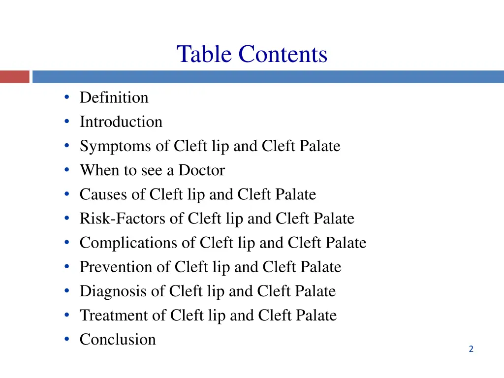 table contents