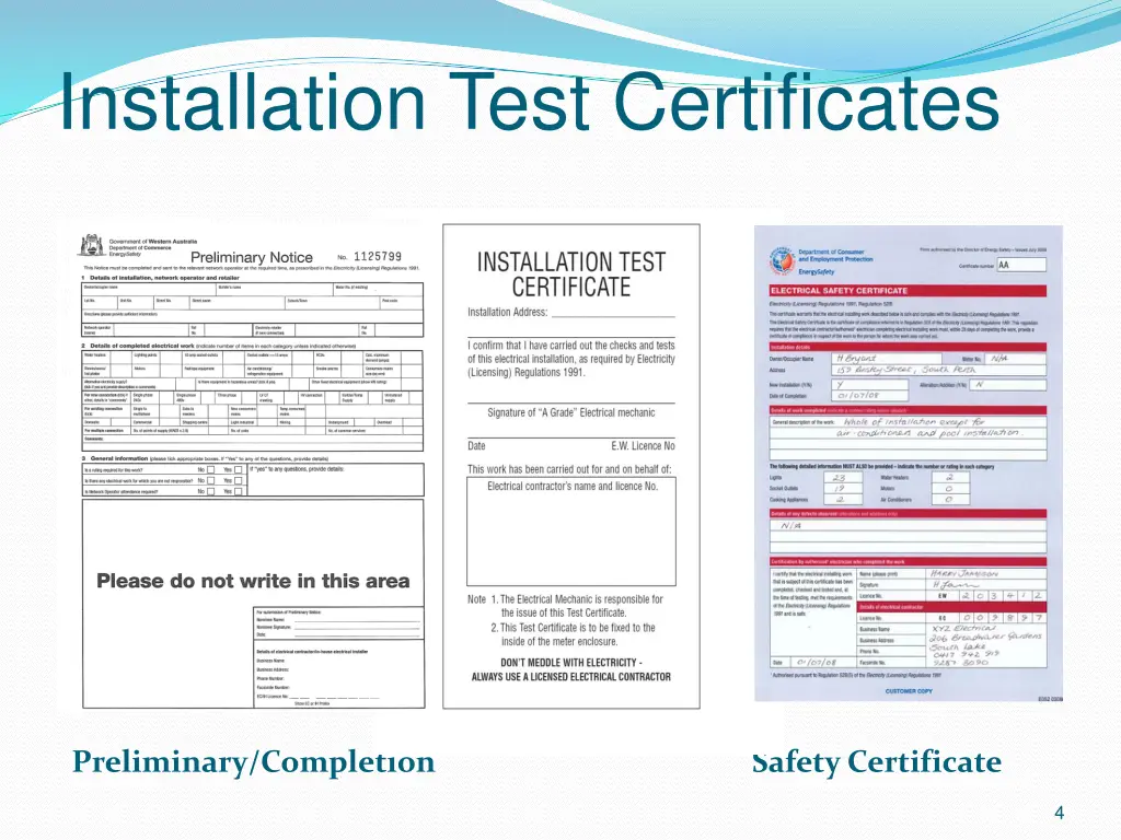 installation test certificates