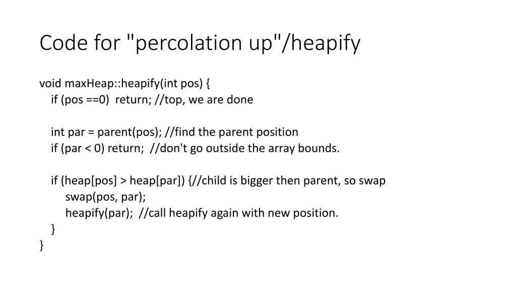 code for percolation up heapify