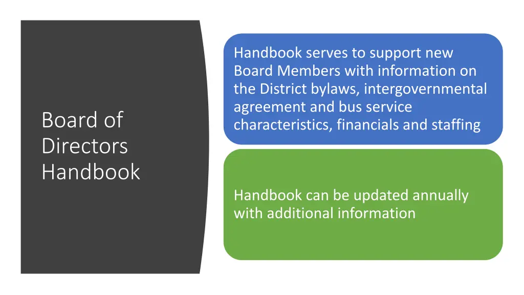 handbook serves to support new board members with