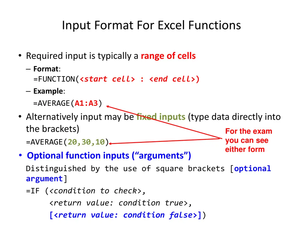 input format for excel functions