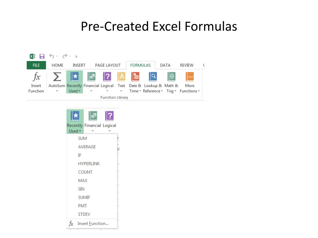pre created excel formulas