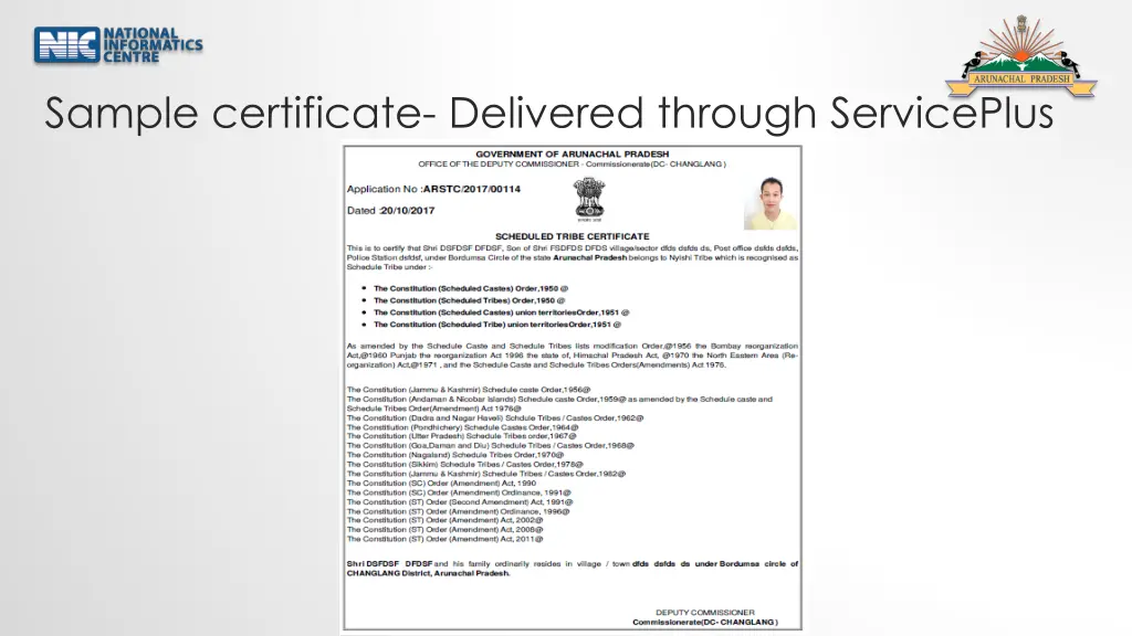 sample certificate delivered through serviceplus