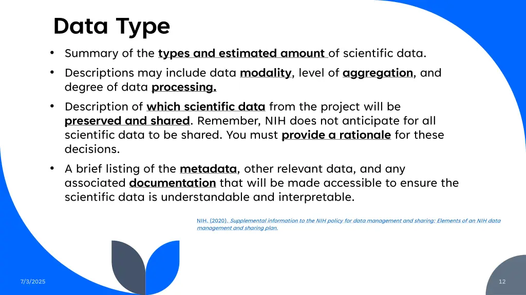 data type summary of the types and estimated