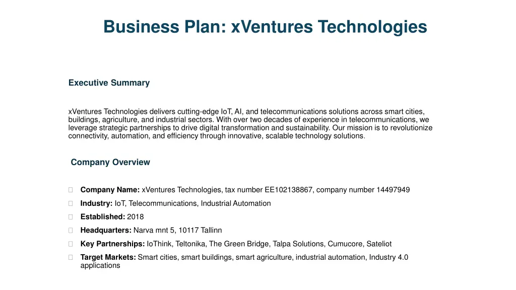 business plan xventures technologies