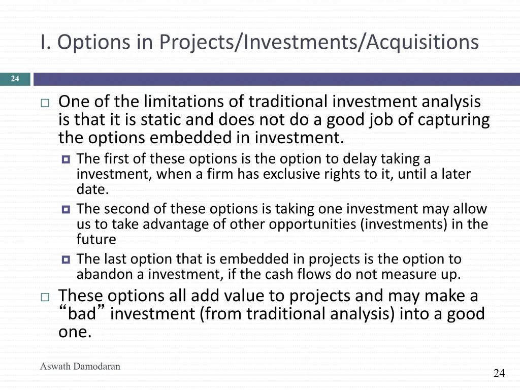 i options in projects investments acquisitions