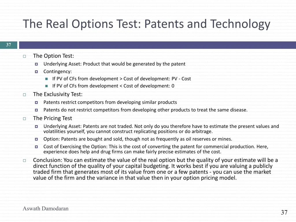 the real options test patents and technology