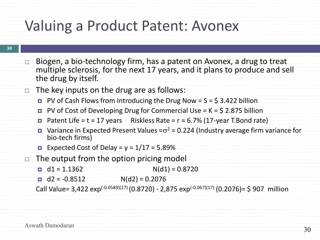 valuing a product patent avonex
