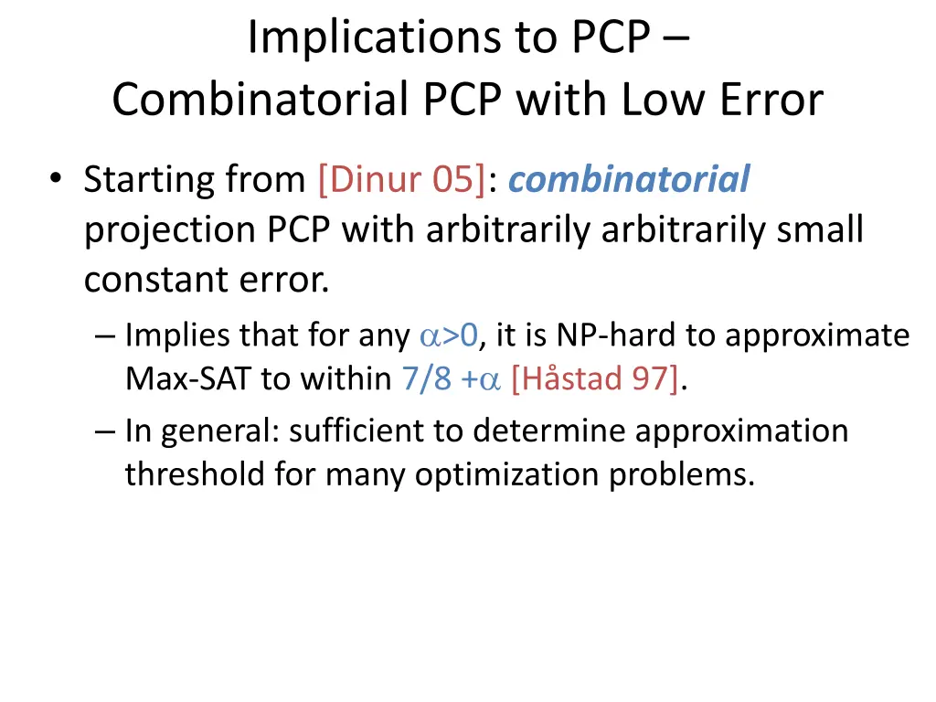 implications to pcp combinatorial pcp with