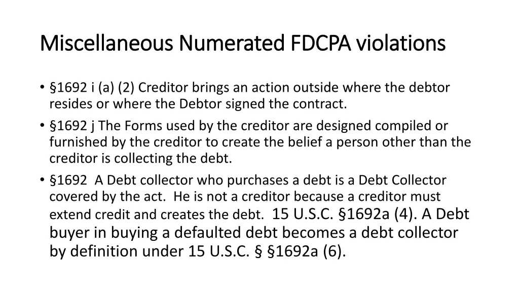 miscellaneous numerated fdcpa violations