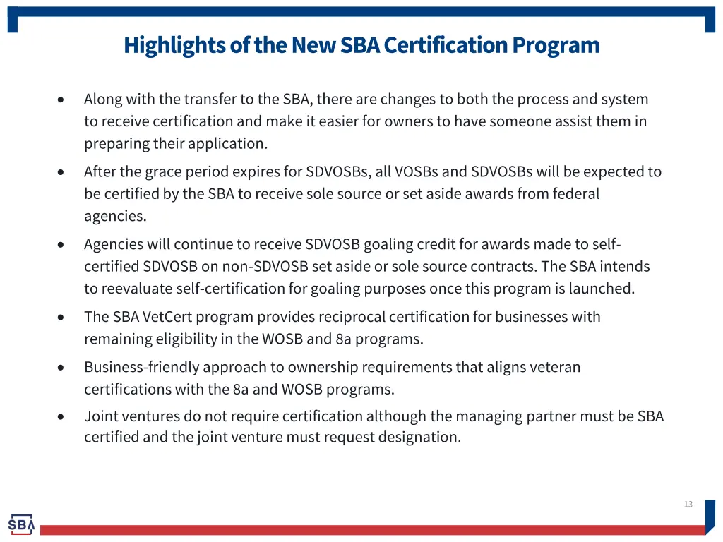 highlights of the new sba certification program