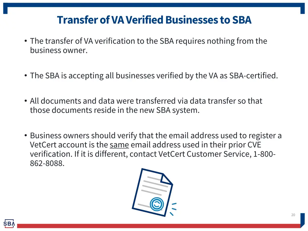 transfer of va verified businesses to sba