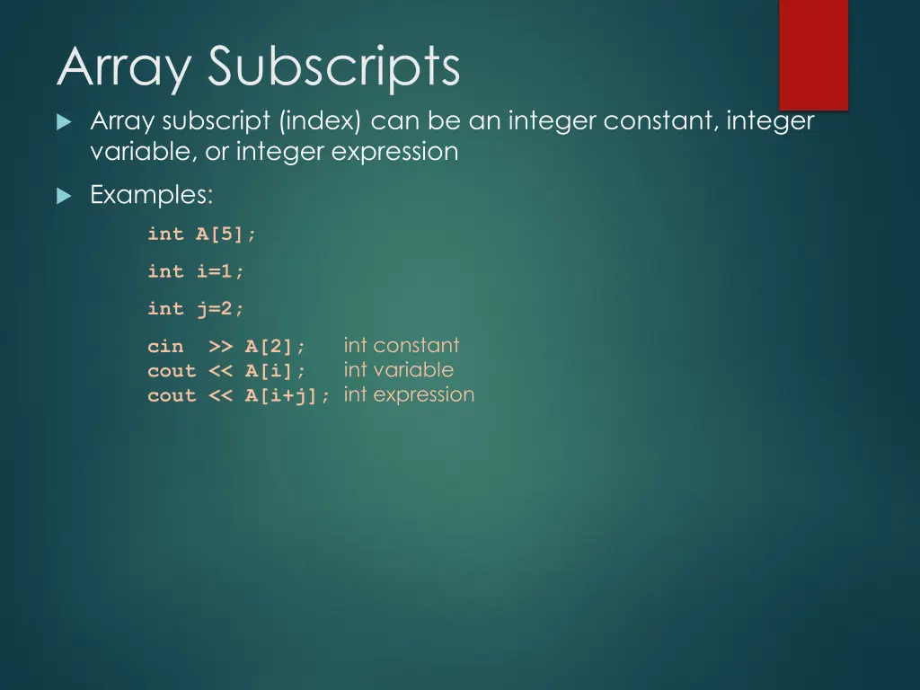 array subscripts array subscript index