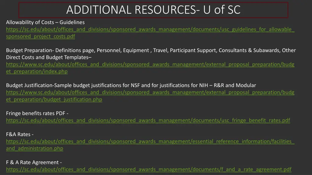 additional resources u of sc allowability