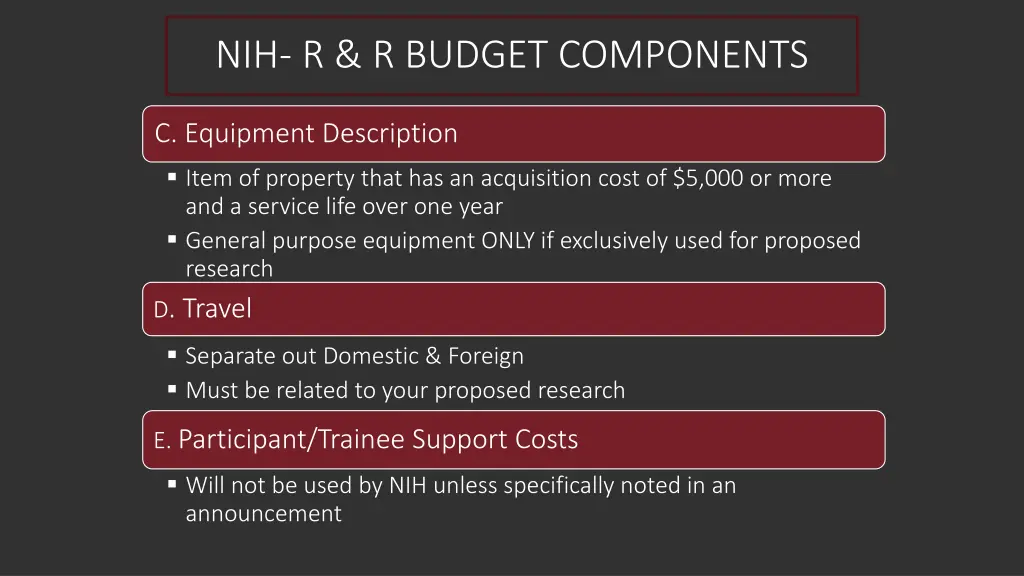 nih r r budget components