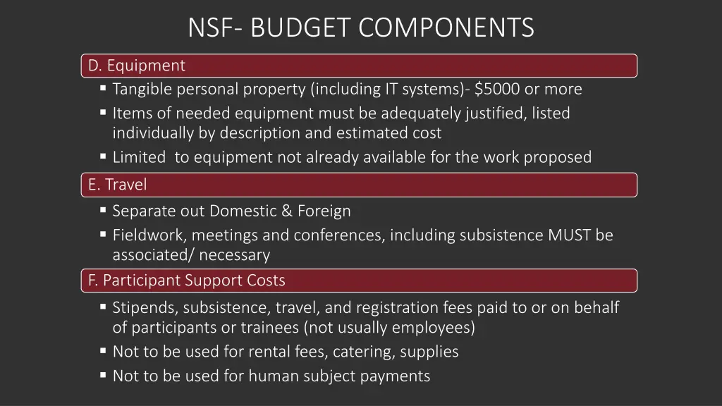 nsf budget components 1