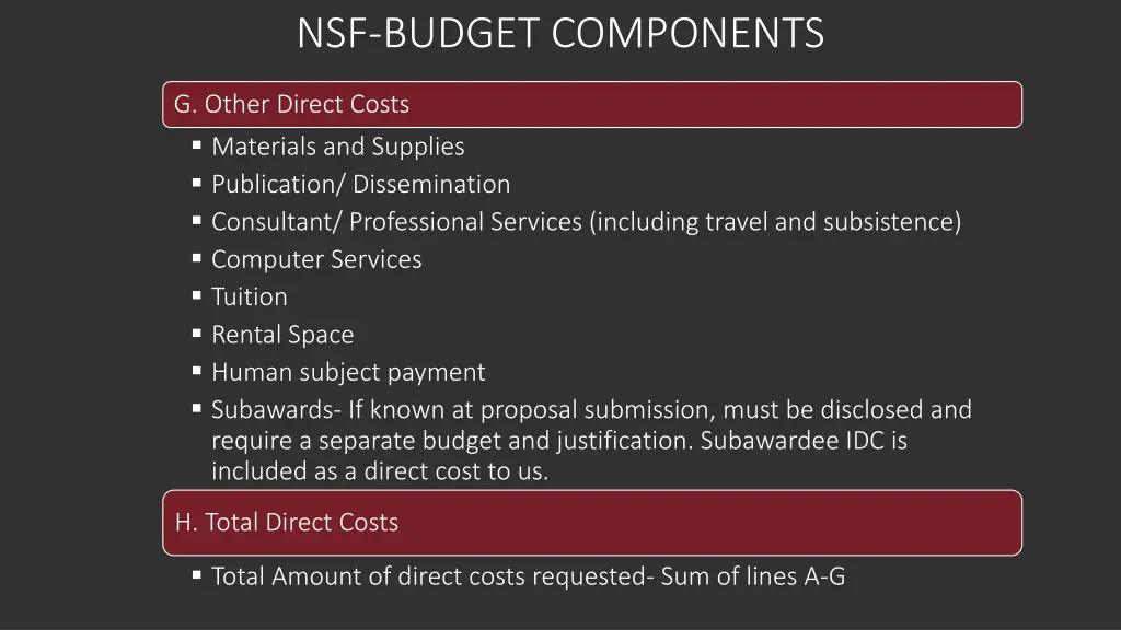 nsf budget components 2