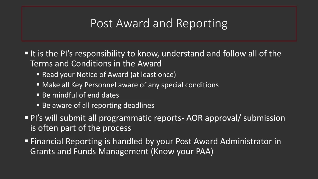 post award and reporting