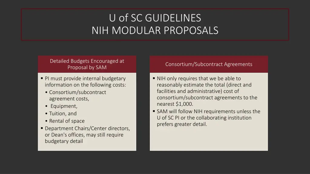 u of sc guidelines nih modular proposals