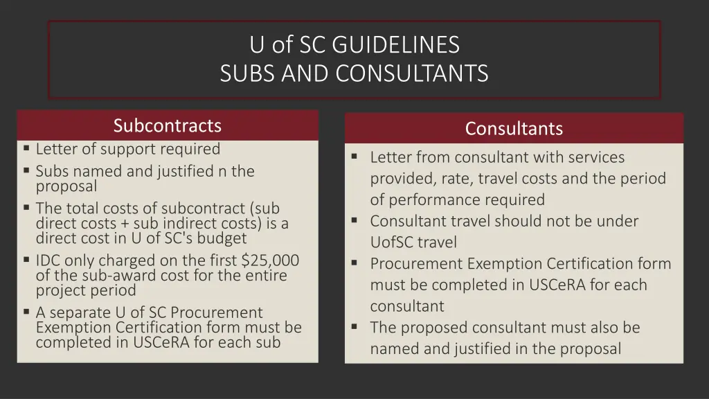 u of sc guidelines subs and consultants