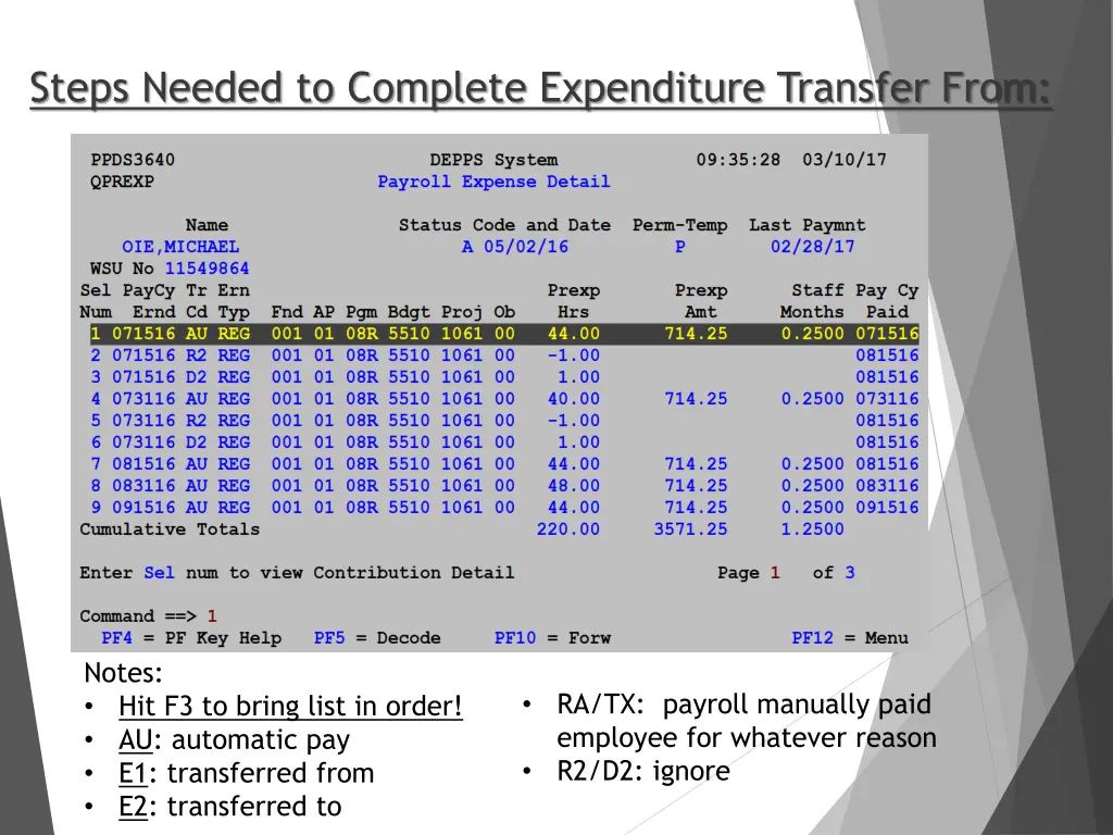 steps needed to complete expenditure transfer from 1