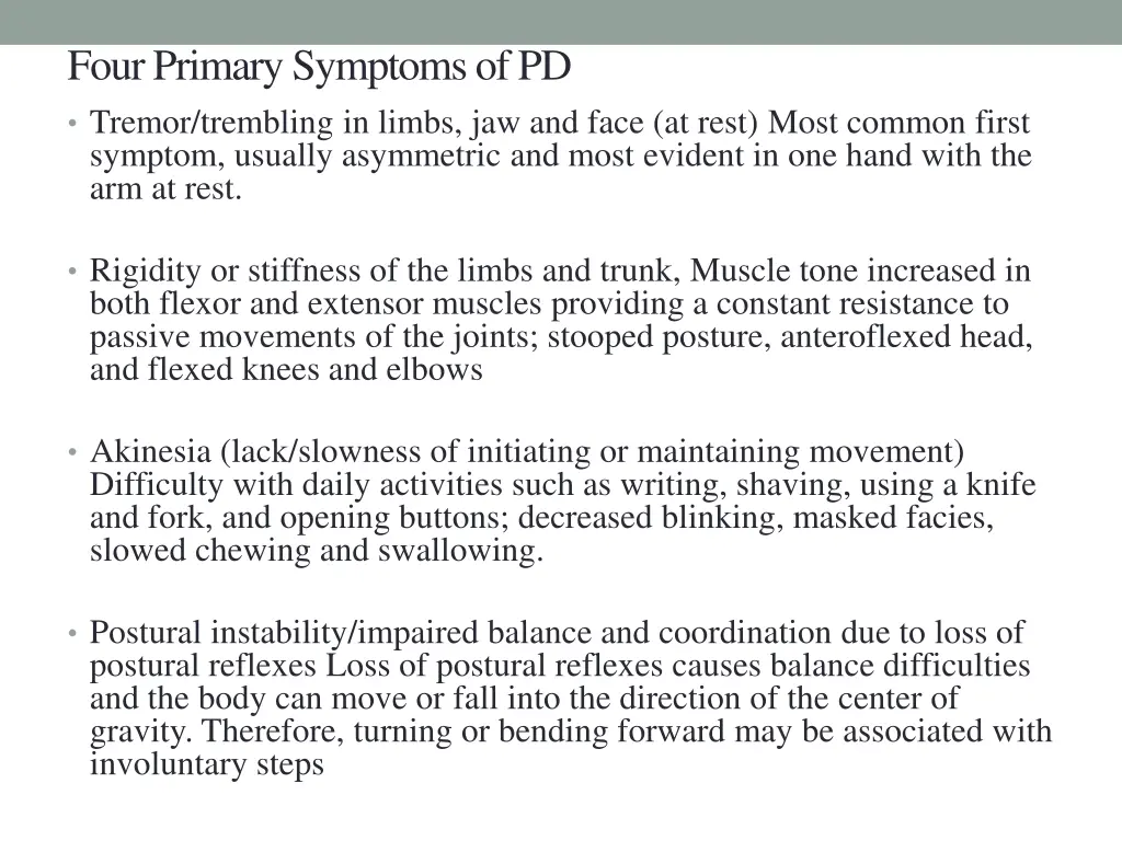 four primary symptoms of pd tremor trembling