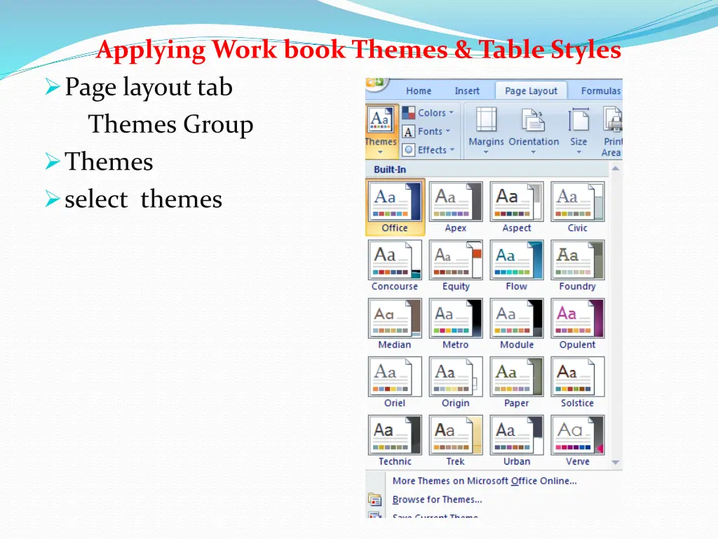 applying work book themes table styles page