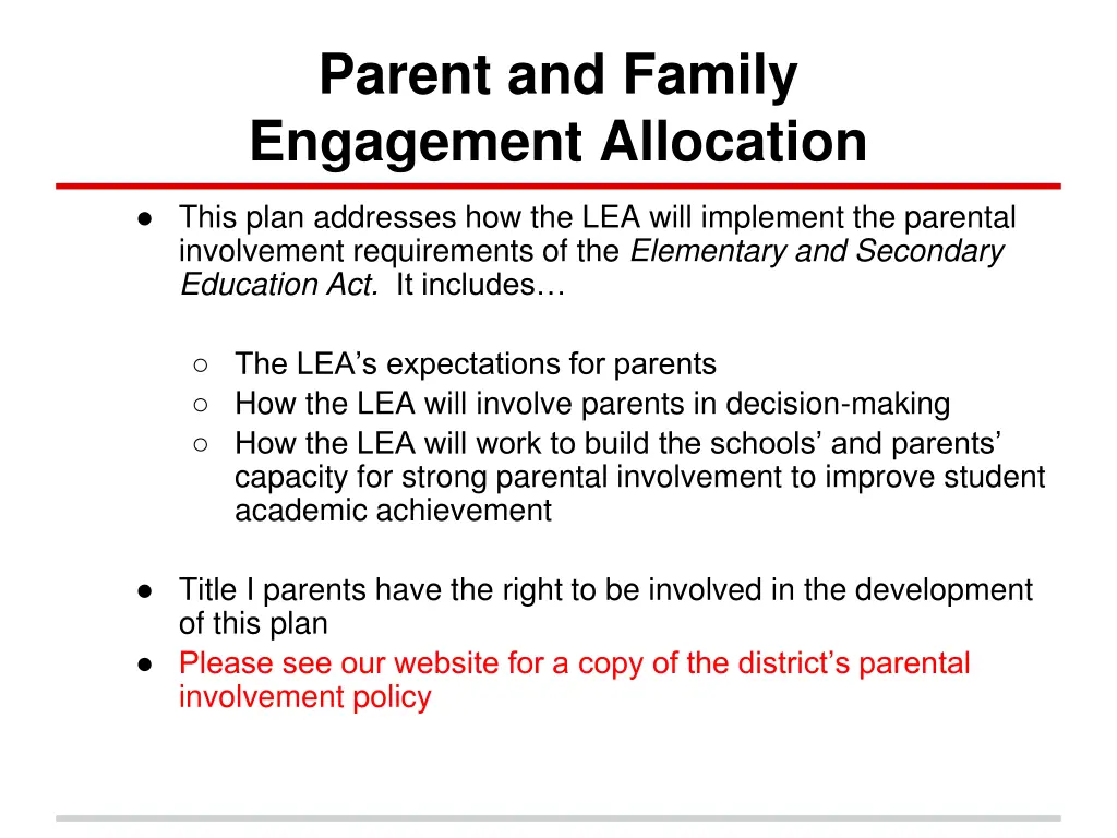 parent and family engagement allocation