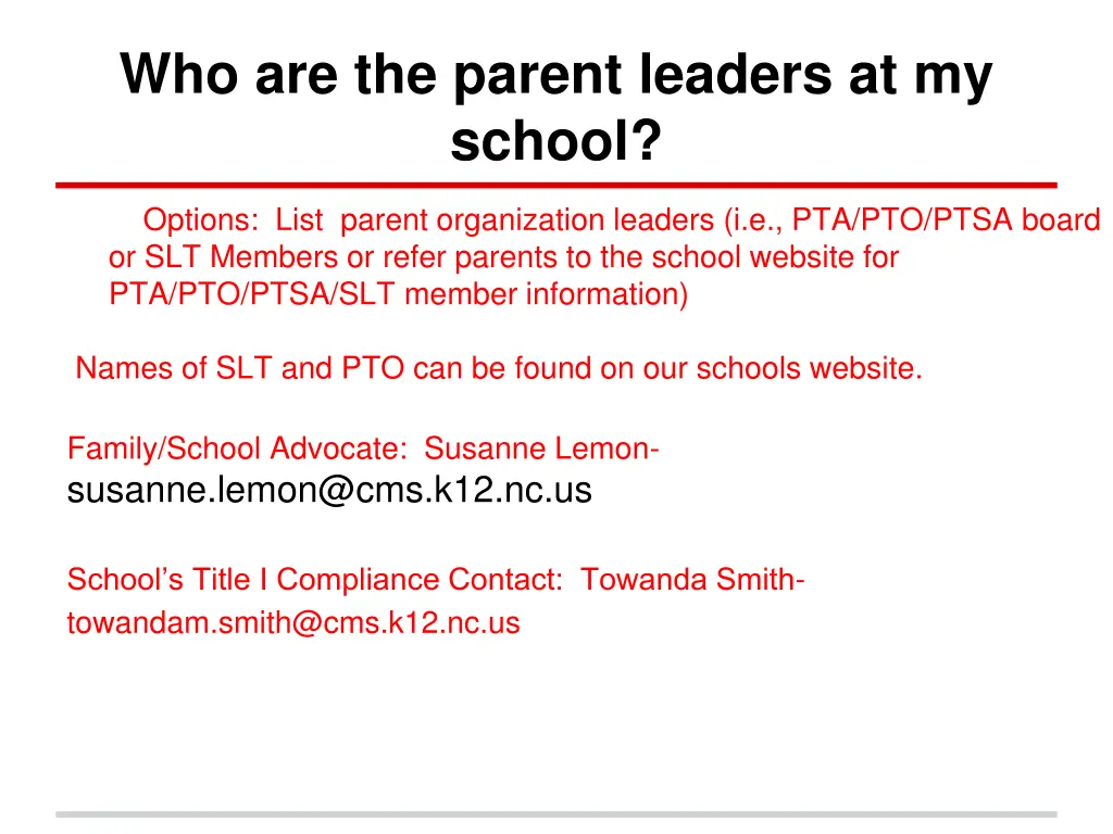 who are the parent leaders at my school