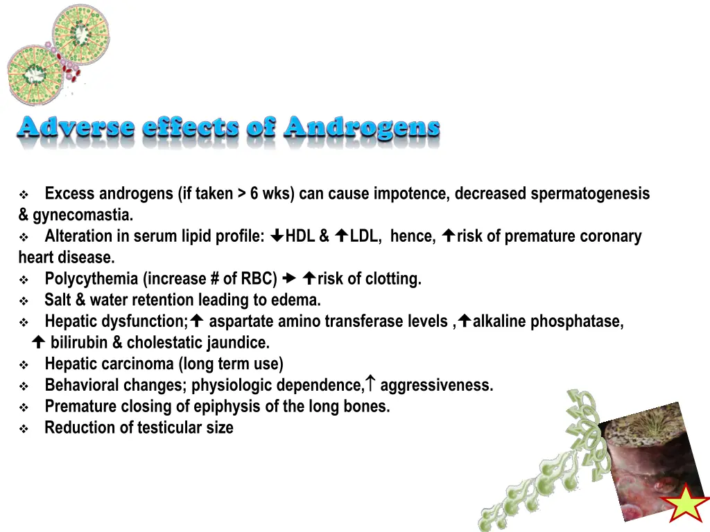excess androgens if taken 6 wks can cause