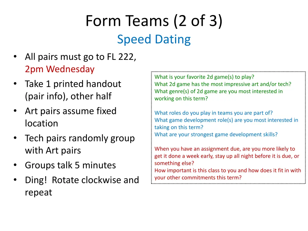 form teams 2 of 3 speed dating