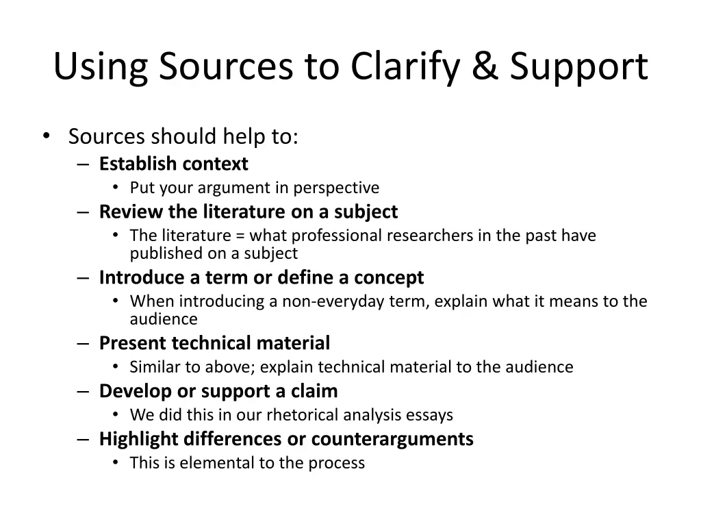 using sources to clarify support