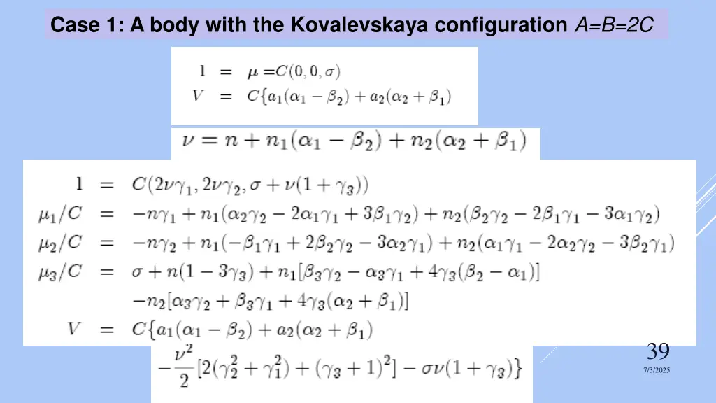 case 1 a body with the kovalevskaya configuration