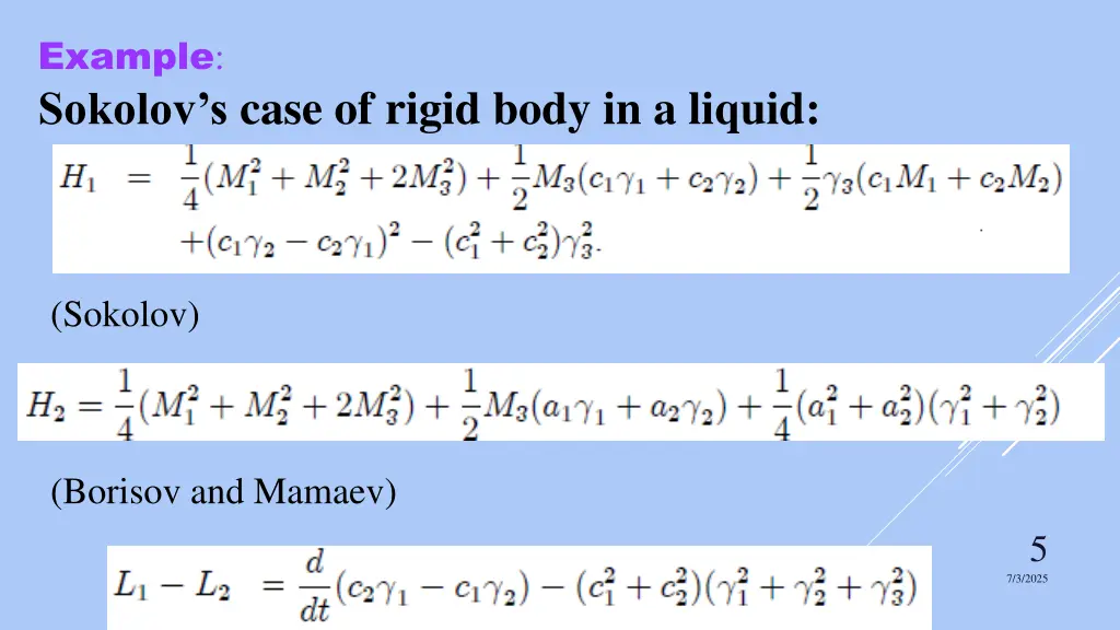example sokolov s case of rigid body in a liquid