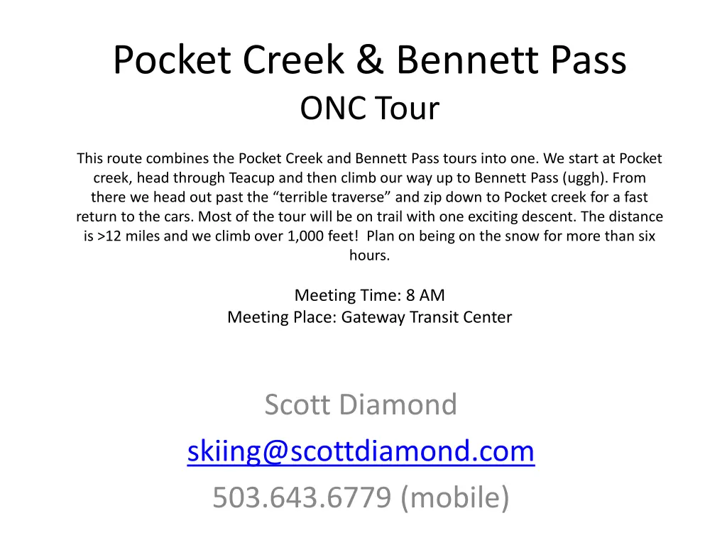 pocket creek bennett pass onc tour