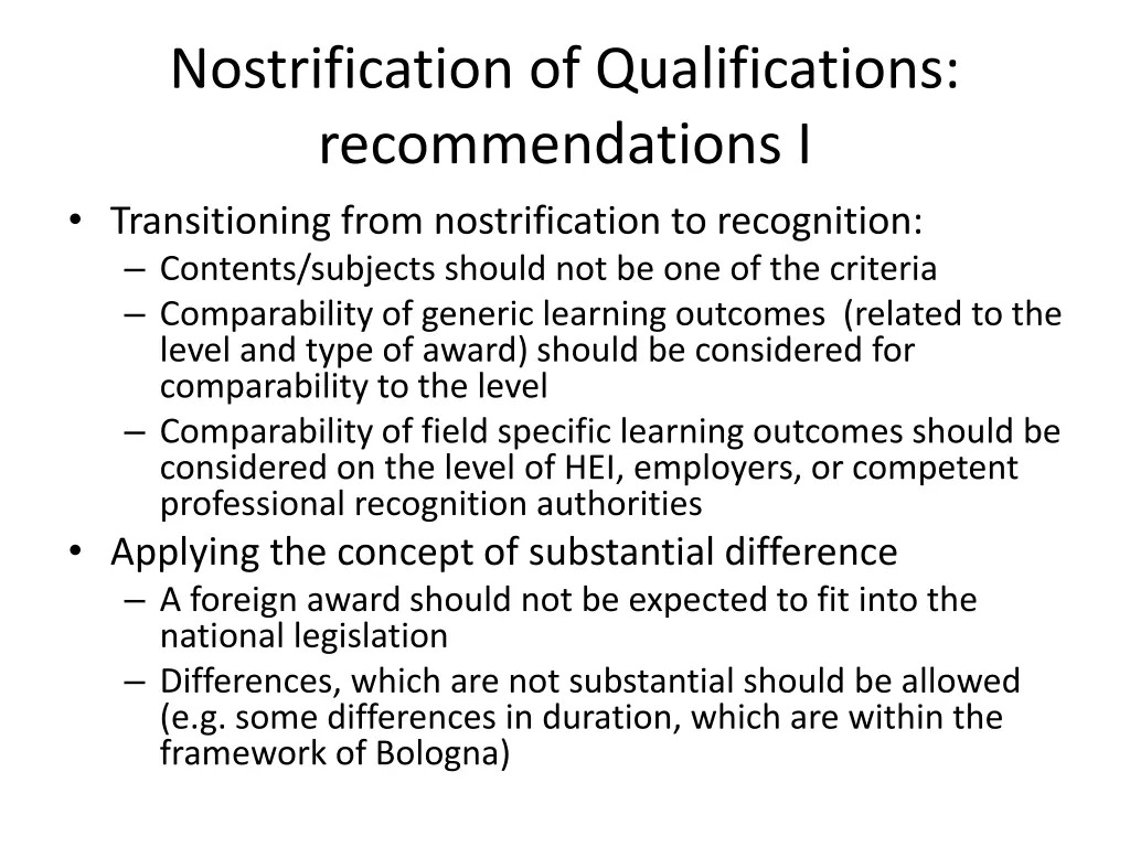 nostrification of qualifications recommendations