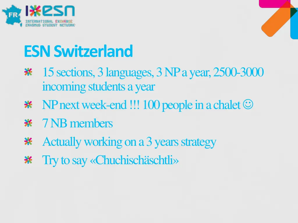 esn switzerland 15 sections 3 languages