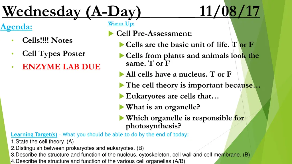 wednesday a day 11 08 17 agenda cells notes cell