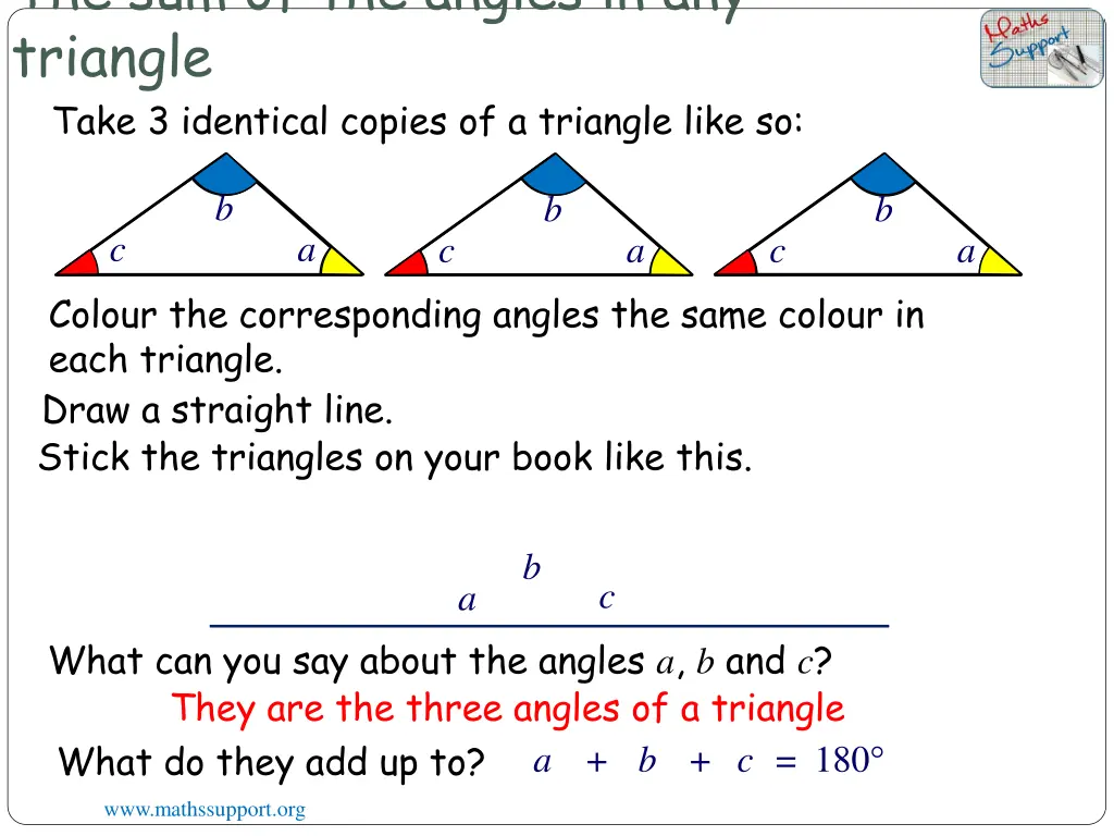 the sum of the angles in any triangle take