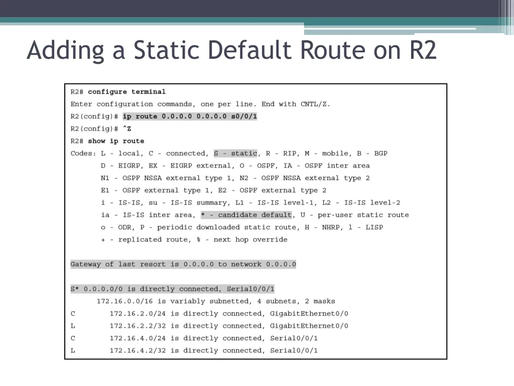 adding a static default route on r2