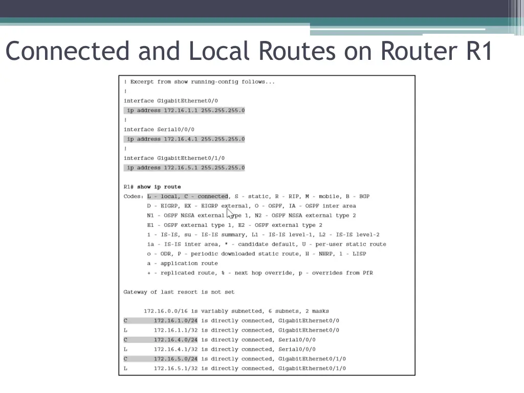 connected and local routes on router r1